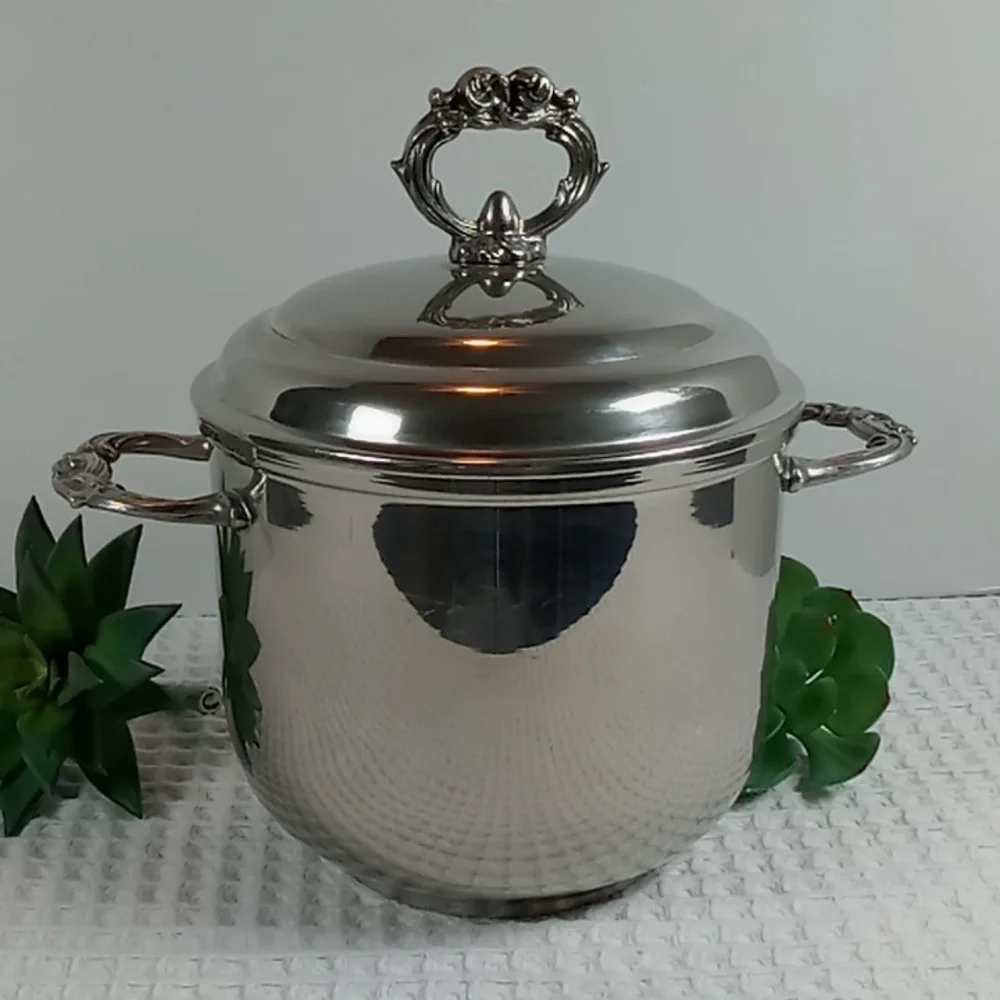 Vintage English Silver Leonard Silver Co Engraved Ice Bucket w/Milk Glass Liner
